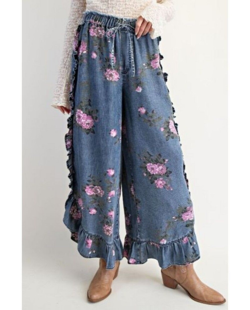 NWT Easel Floral Print Chambray Pants Wide Leg denim ruffle details size 2X
